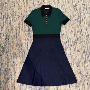 Tory Burch Green and Navy Knit A-Line Midi Dress